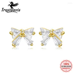 Stud Oorbellen TrustDavis Echte 925 Sterling Zilveren Oorbel Strik Glanzende Zirkoon Schroef Voor Vrouwen Bruiloft Fijne Sieraden Gift DS3476