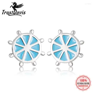 Boucles d'oreilles Trustdavis Real 925 Sterling Silver Blue Glaze Rudder Sweet Cute Earge pour sa fille Bijoux d'anniversaire Girls LB051