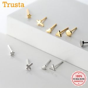 Boucles d'oreilles Trustdavis Real 925 Sterling Silver Fashion MIni Triangle Coeur Étoile Croix Ronde Pour Femmes Enfant Filles Bijoux ED395