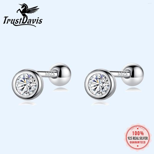 Boucles d'oreilles Trustdavis réel 925 en argent Sterling rond CZ vis perles pour femmes enfants bébé filles minimaliste bijoux 98