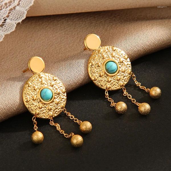 Pendientes de tuerca con forma redonda turquesa para mujer, aretes largos de acero inoxidable con borlas, Color dorado, joyería Piercing Bohemia