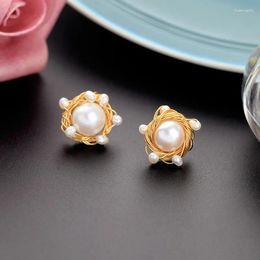 Boucles d'oreilles à clous en laiton pour femmes, faites à la main, enroulement de bobine, perle d'eau douce, culture baroque, bijoux à la mode, 2024