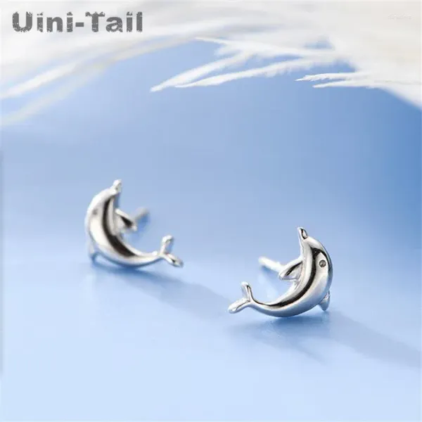 Pendientes de tachuelas Uini-tail 925 tibetana plateado coreano coreano pequeño y brillante con tierras de delfín lindas joyas de animales de mar lindos de moda ed003