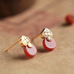 Boucles d'oreilles à tige artisanat Unique naturel Hetian jaspe gourde creux cuivre pièce Style chinois exquis dames marque bijoux