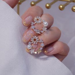 Boucles D'Oreilles Clou Unique Bijoux Délicat Cubique Zircon Perle Fleur Pour Femme Plaqué Or 14k Papillon