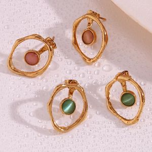 Boucles d'oreilles géométriques uniques creuses, rondes, vertes, rouges, blanches, pierre synthétique, bijoux en acier inoxydable pour femmes