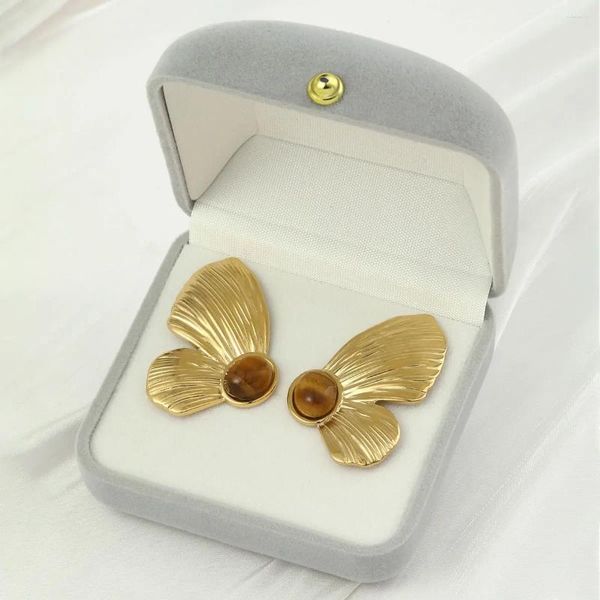 Boucles d'oreilles uniques en forme d'oeil de tigre et de papillon pour femmes, bijoux en acier inoxydable raffiné, couleur or 18 carats, pierre naturelle
