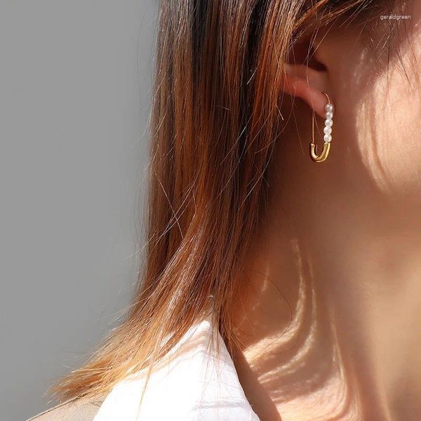 Pendientes de sementales clip de papel blanco urbano perla 18k dorado acero titanio simple lujo impermeable hipoalergénico