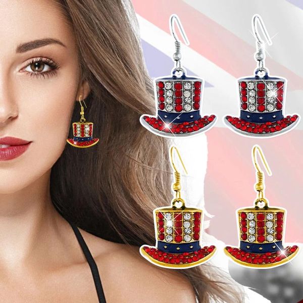 Boucles d'oreilles STAD USA Journée indépendante pour femmes forme de chapeau Rhinestone Girls Red Blanc Blue American Flag Couleur Bijoux