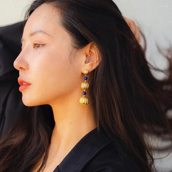 Boucles d'oreilles UWORLD Luxury 18k Gold plaqué Round Ball Brass Perles Long Lapis Lapis Stone Drop Bringon Earge Bijoux vintage Gift pour femmes