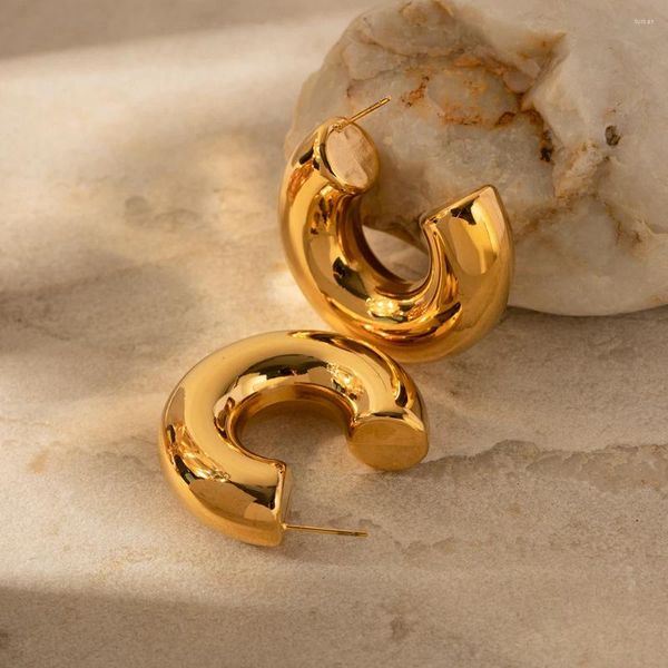 Boucles d'oreilles Uworld en acier inoxydable plaqué or 18 carats, tube vide en forme de C, texture faite à la main, bijoux personnalisés pour femmes