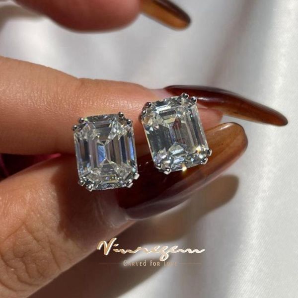 Pendientes de botón Vinregem 18K oro blanco corte esmeralda 8 10MM 4CT laboratorio creado piedra preciosa de zafiro para mujeres 925 joyería de plata esterlina