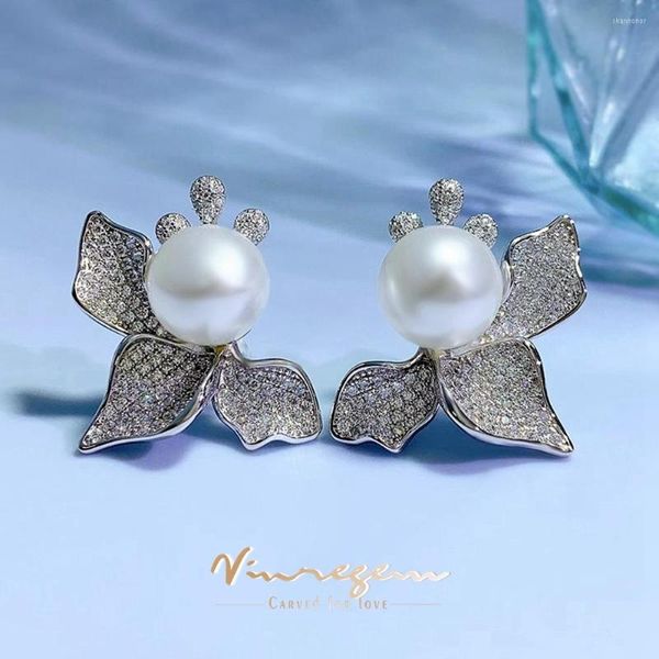 Pendientes de botón Vinregem 18K oro blanco corte redondo 12MM mariposa laboratorio perla zafiro piedra preciosa 925 joyería de plata esterlina al por mayor