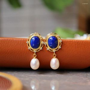 Boucles d'oreilles Vintage 925 en argent Sterling Lapis Lazuli boucle d'oreille pierre de lune rose conque perle goutte pour les femmes bijoux de mariage