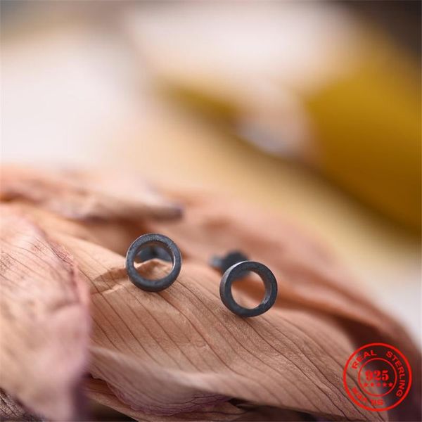 Pendientes de botón Vintage Plata de Ley 925 para hombre hueco redondo oxidado negro mujer hipoalergénico todo-fósforo joyería para oreja