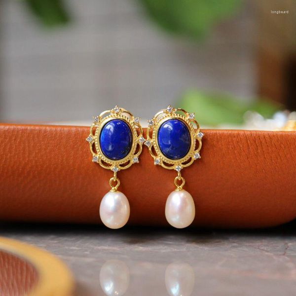 Boucles d'oreilles Vintage 925 en argent Sterling Lapis Lazuli boucle d'oreille pierre de lune rose conque perle goutte pour les femmes bijoux de mariage