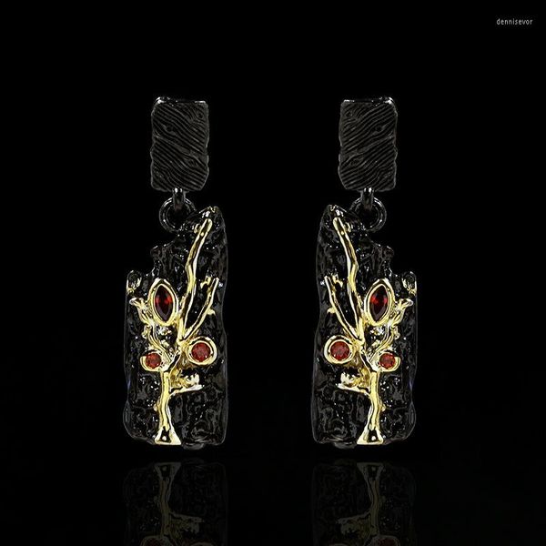 Boucles d'oreilles Vintage noir or couleur Branches Style rubis goutte réel 925 pendentif en argent balancent bijoux fantaisie pour les femmes