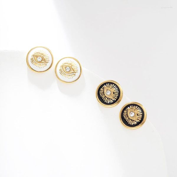 Pendientes de botón Vintage negro blanco esmalte ojos alta calidad acero inoxidable Color dorado redondo para mujer regalo al por mayor