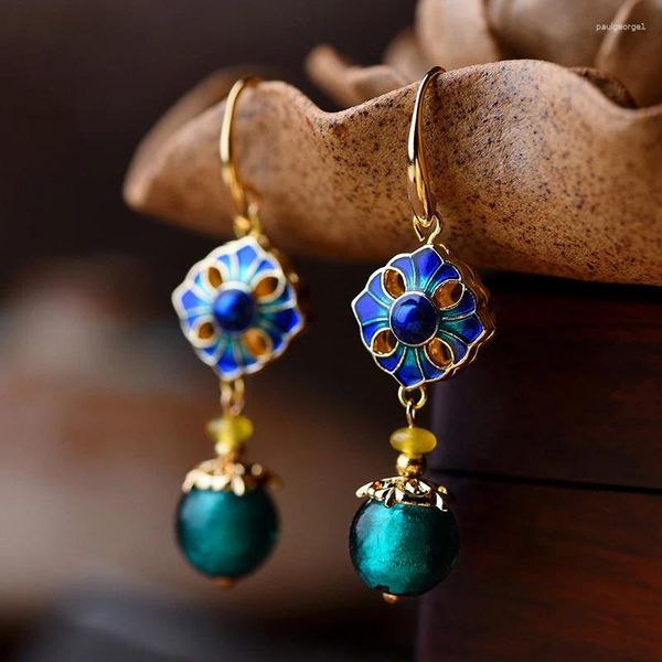 Pendientes de tuerca Vintage Cloisonne piedra gota joyería de moda étnica