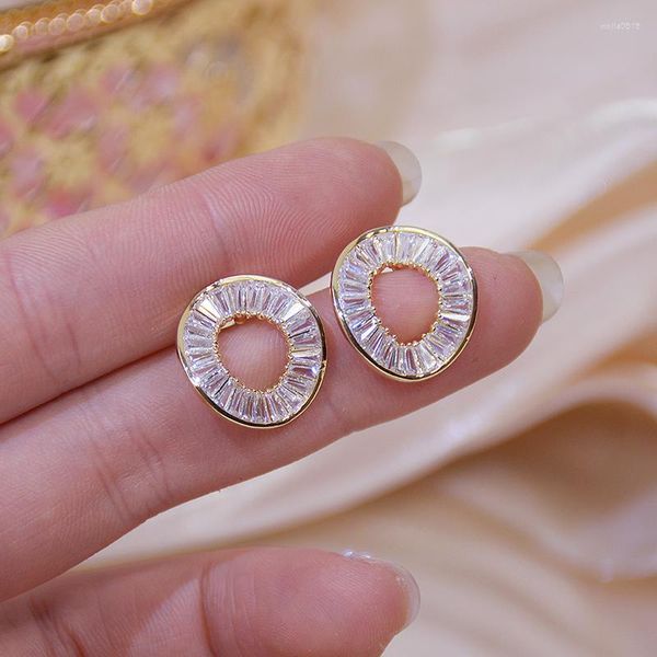Pendientes de botón Vintage elegante 14k oro real forma redonda joyería de cristal para mujeres S925 aguja de plata circón de alta calidad