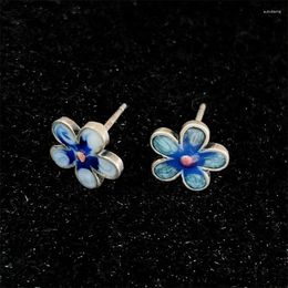 Boucles d'oreilles Stud Vintage Elegant Blue Enamel Fleur pour Lady Ear Accessoires de qualité supérieure Silver 925 Femmes Bijoux