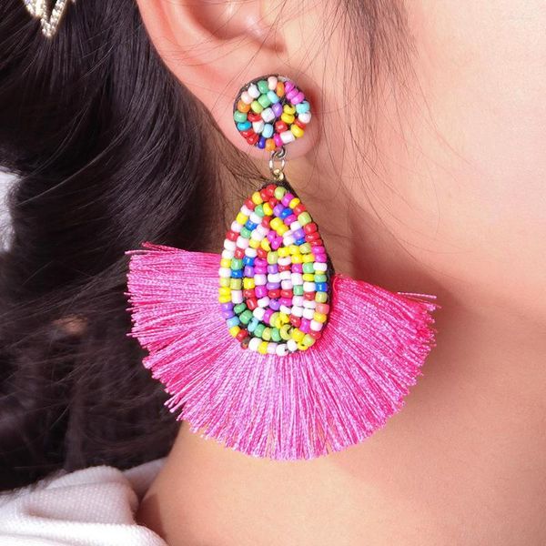 Boucles d'oreilles à tige Vintage ethnique perles de riz en forme d'éventail pour femmes bohème coloré tempérament déclaration gland bijoux à la mode