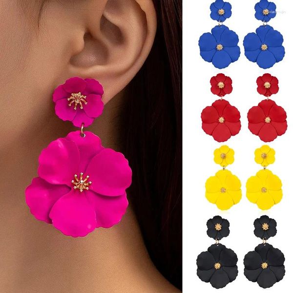 Boucles d'oreilles Vintage exagérées à grande fleur pour femmes, longues boucles d'oreilles colorées en émail Double couche pour mariage