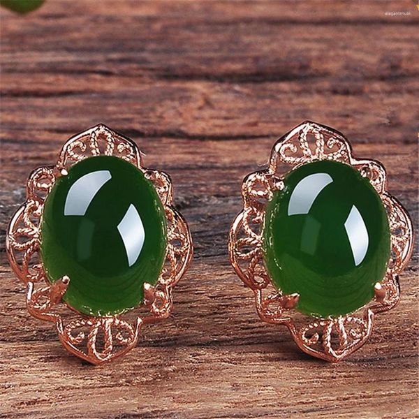 Pendientes de sementales Tallado de flores Vintage Gémica verde esmeralda para mujeres Joyas de color de color oro rosa Bijoux Regalos de cumpleaños