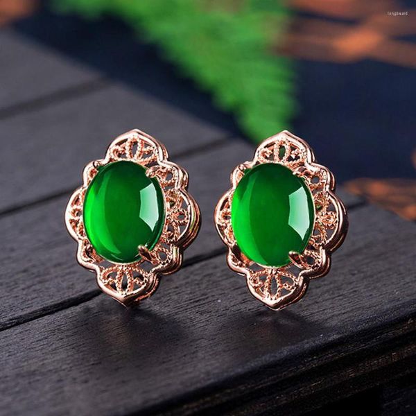 Pendientes de botón Vintage flores verde Jade ágata esmeralda piedras preciosas para mujeres 18k oro rosa relleno joyería Bijoux regalos Accesorios