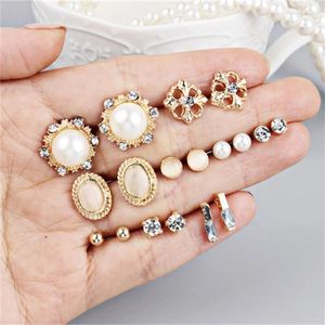 Boucles d'oreilles étalons Vintage Fleur géométrique Ensemble pour les femmes Imitation d'eau Imitation Pearl Brings Girls Party Bijoux 9 paires / ensemble