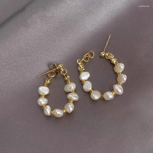 Pendientes de tuerca Vintage de Color dorado, perlas geométricas para mujer, boda, corazón, cristal, pendiente de perla Irregular, joyería de regalo