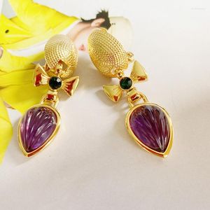 Boucles d'oreilles Vintage haut de gamme qualité belle noeud noeud goutte d'eau à la main coloré violet strass oreille Clips fête