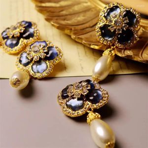 Stud -oorbellen Vintage Paarse email Flower Pearl Drop For Women Jewelry Runway Party T Show Fancy Trendy Boho Ins Japan