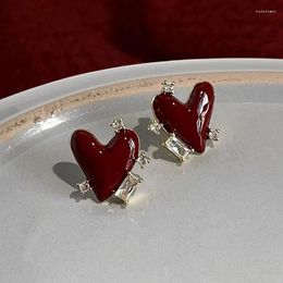 Boucles d'oreilles Vintage coeur rouge cristal émail pour femmes coréen amour Zircon exquis doux Brincos bijoux à la mode cadeaux de fête