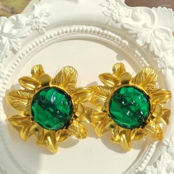 Pendientes de sementales Resina Vintage Flor grande para Geométrico Girrower Metal Gold Color Mujeres Joyas Francia 2023 Trendy