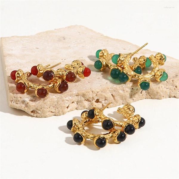 Boucles d'oreilles Vintage, série de perles rondes, rouge/vert/noir, pierre naturelle, mode féminine, bijoux exquis