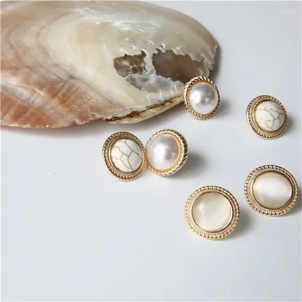 Pendientes de tuerca Vintage redondo mármol ópalo piedra grande mujer moda temperamento oro oreja círculo perlas joyería