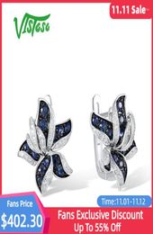 Boucles d'oreilles étalon Vistoso authentique 14K 585 Or blanc pour les femmes Sparkling Diamond Sapphire Elegant Blue Lily Flower Fledy Fine Bijoux 3578989