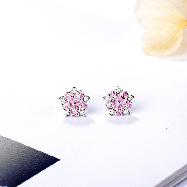 Boucles d'oreilles clous VOQ couleur argent Sweet Sakura mode Zircon rose bijoux fins cadeaux pour femmes