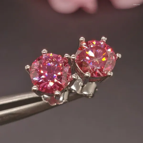 Boucles d'oreilles à tige en Moissanite rose de qualité VVS, 6.5mm, Total 2ct, argent véritable 925, peuvent passer les tests de diamant