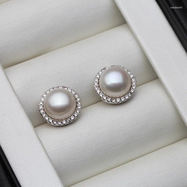 Boucles d'oreilles étalon mariage Natural White Freshater Pearl 925 Silver Women Fashion Mignon Bridal Round Fine Jewelry Party Gift