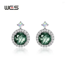 Boucles d'oreilles WES 925 STERLING Silver Moss Agate Earrings For Women 6 6 mm Gemstone Natural White Gold plaqué de luxe Bijoux Party