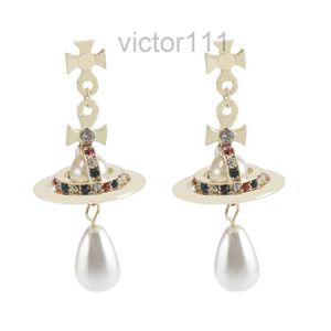 Boucles d'oreilles à tige Western Empress Dowager Silver Saturn Gouttes d'eau Longue Sparkling Diamond Crystal Ear Studs Clip Deux Style d'usure Mode pour Femmes Bijoux Crfk