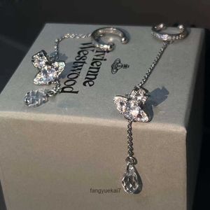 Pendientes de tuerca Emperatriz viuda occidental Plata Saturno Gotas de agua Pendientes largos de cristal de diamante brillante Clip de oreja Pendientes de moda de dos estilos de uso para joyería de mujer