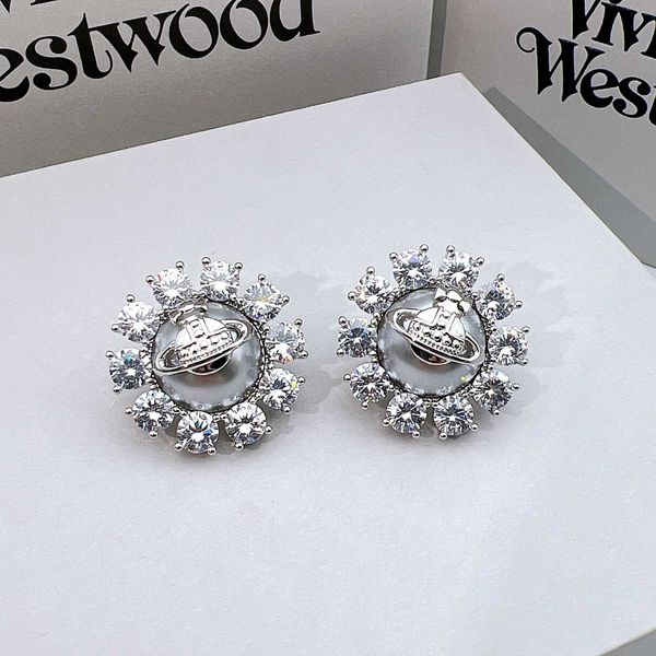 Pendientes de tuerca Emperatriz occidental viuda Plata Saturno Gotas de agua Largo Diamante brillante Cristal Pendientes Clip Dos estilos de desgaste Moda para mujeres Joyería 4dxo