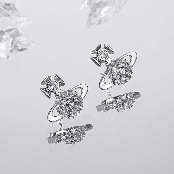 Pendientes de botón Emperatriz occidental viuda Plata Saturno Gotas de agua Pendientes largos de cristal de diamante brillante Clip Dos estilos de desgaste Moda para mujeres Joyería Zley