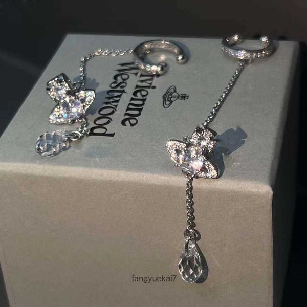 Boucles d'oreilles à tige Western Empress Dowager Argent Saturne Gouttes d'eau Longues Diamants étincelants Cristal Clous d'oreille Clip d'oreille Deux styles de vêtements Boucles d'oreilles à la mode pour femmes bijoux