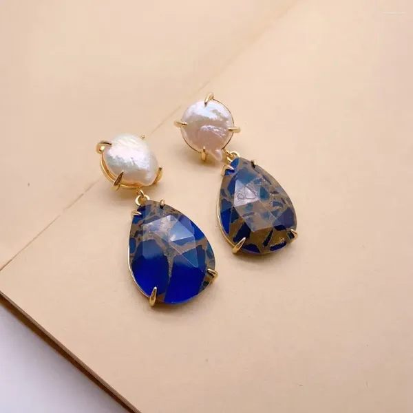 Boucles d'oreilles étalons Blanc Perl Blue Sea Sediment Jasper Drop Women Stones Bijoux