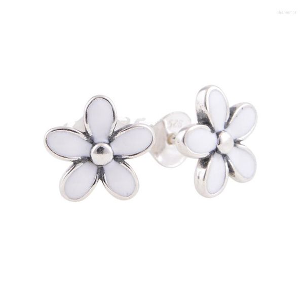Stud Earrings White Enamel Daisy With Clear CZ Sterling-Silver-Jewelry For Women Luminous Brincos Oorbellen Pendientes