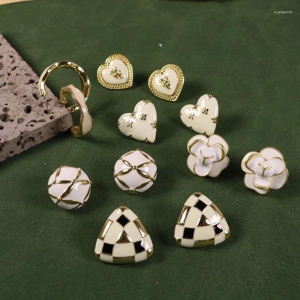 Pendientes Esmalte Blanco Corazón Triángulo Flor Brincos Joyería Vintage Accesorios Modernos